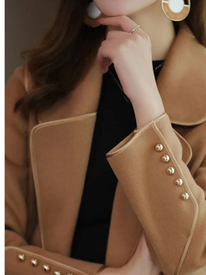 Autumn Fashion Wool Winter Solid Single Button Belt Elegant Casual Coat