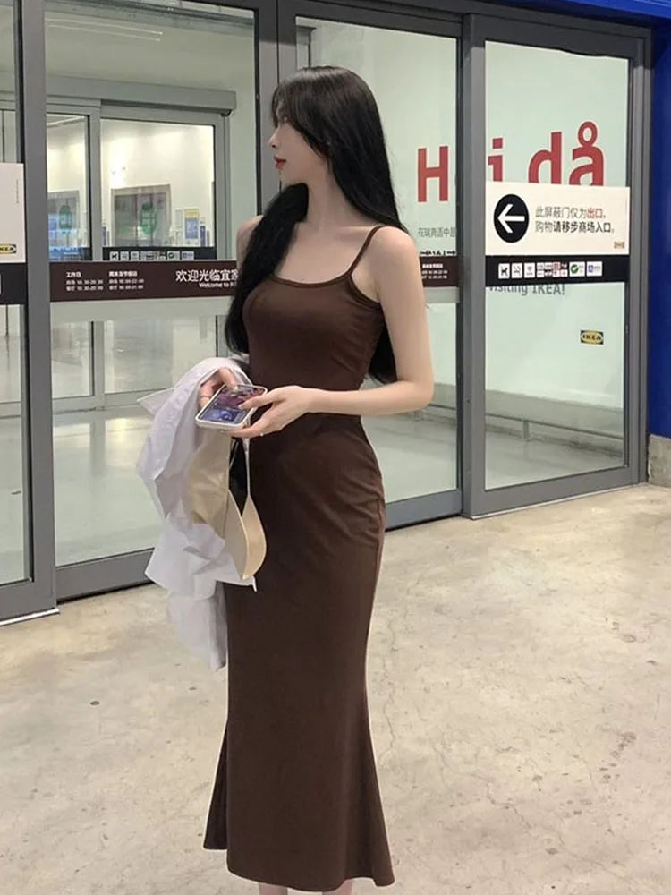 Autumn Pure Sleeveless Sexy Sheath Hotsweet Korean Popular Midi Dresses