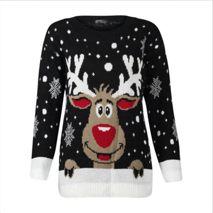 Christmas Sweater with Cartoon Reindeer Print and Fur Collar