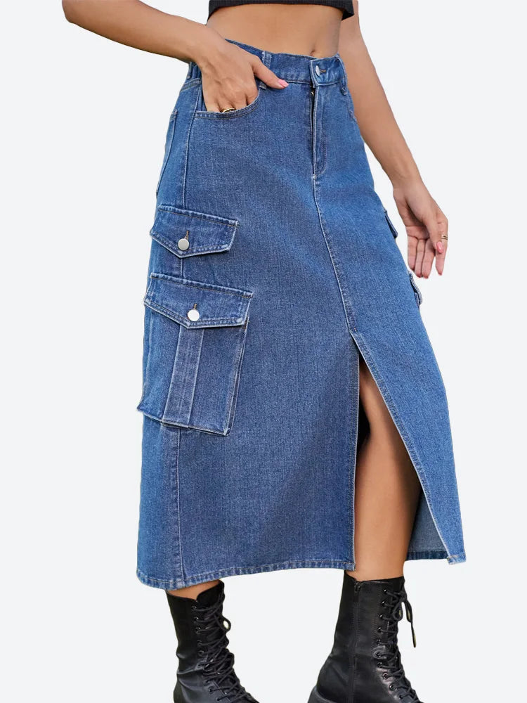 DressBetty - Casual Split Long High Waisted A-Line Cargo Jean Skirt