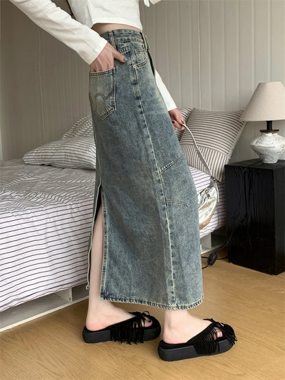 DressBetty - Y2k Street Retro Split Washed High Waist A-line Denim Skirt