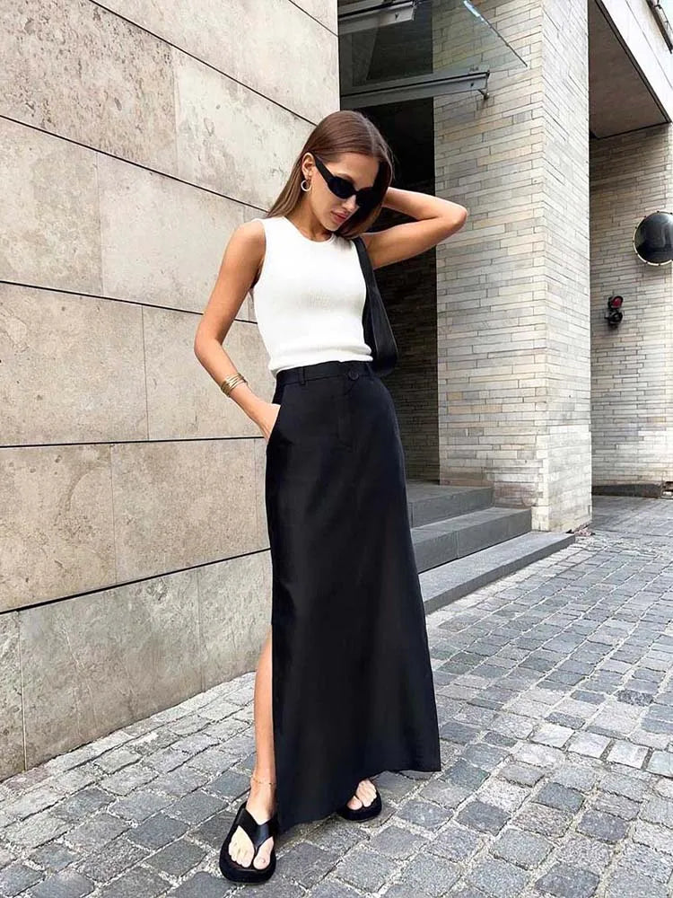 Black Loose Elegant A-Line Summer Ankle-Length Pocket Skirt