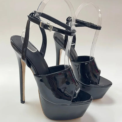 Sleek Black Patent Leather High Heel Peep Toe Platform Ankle Buckle High Heel