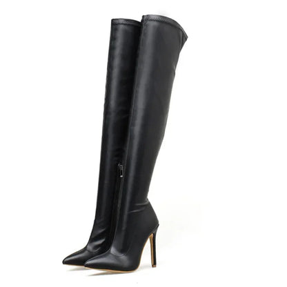 Black Thigh High Over The Knee Leather Boots Pointed Toe High Heel Boot High Heel