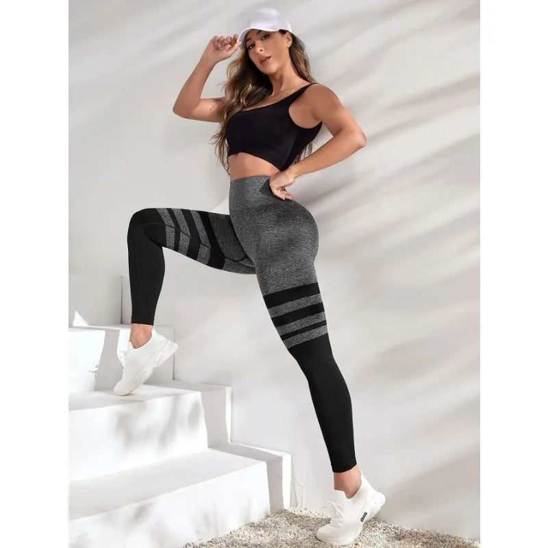 Black Stripe Seamless Slim Gym Running High Waist Fashion Knit Leggings