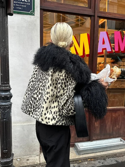 Black White Leopard Faux Chic Long Single Breasted High Street Short Coat