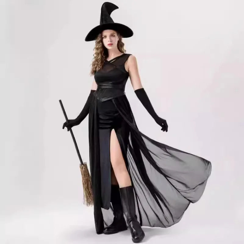 Black Witch Dress Wizard Hat Gloves Gothic Retro Magic Vampire Cosplay Costume