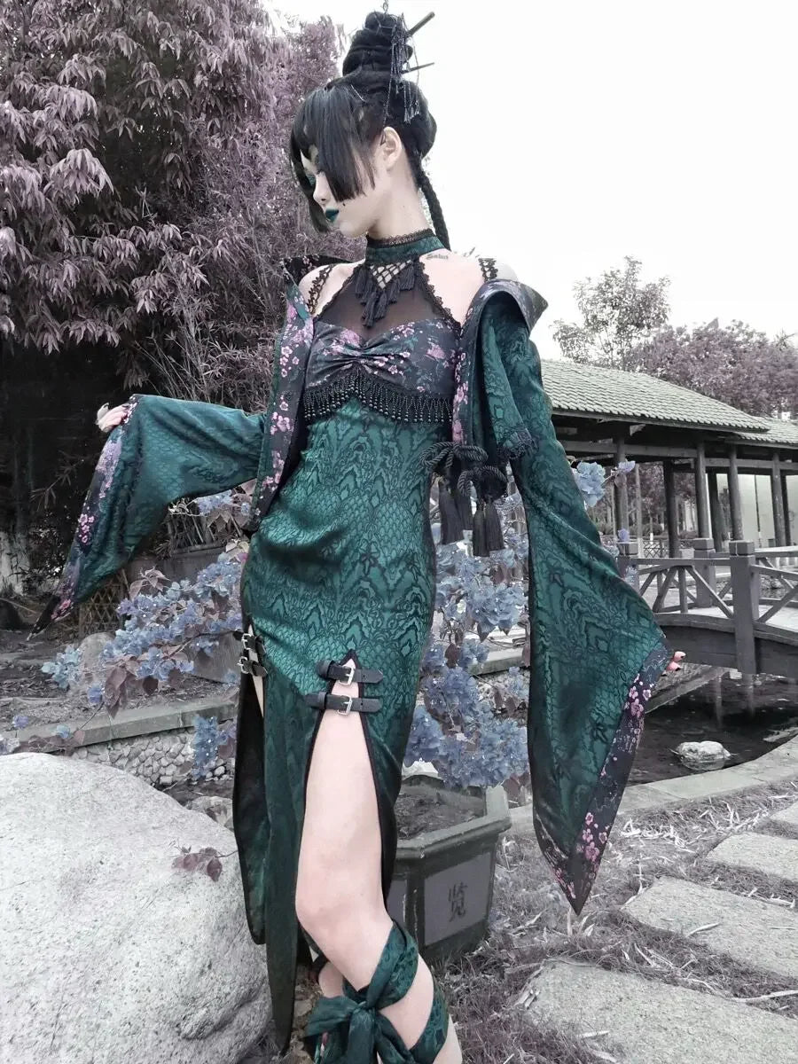 Original Design Summer Dress Snake Halter Neck Mesh Patch New Sexy Gothic Cheongsam High Slit Dress