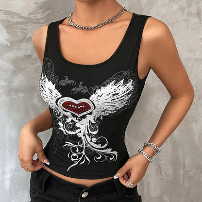 Heart & Wings Printed Gothic Dark Fairy Grunge Crop Top