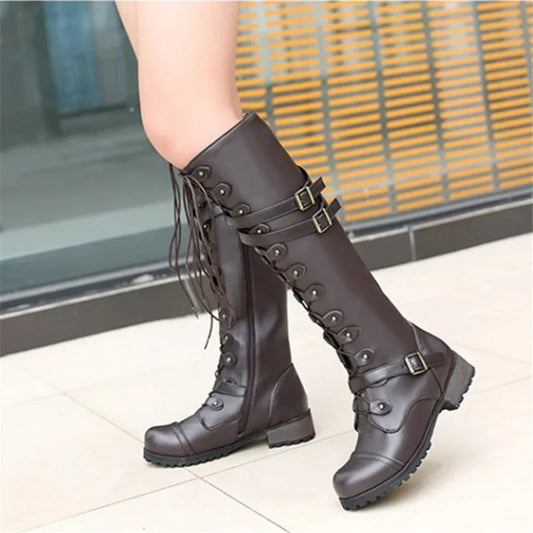 Rome Style Lace Up Platform Winter Solid Plus Size Knee High Boots