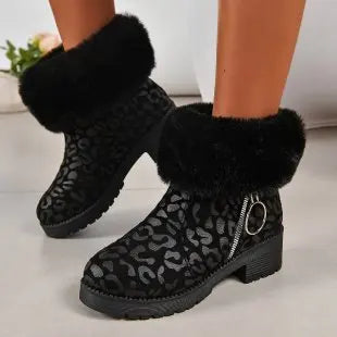 Ankle Fur Suede Leopard Platform Chunky Short Plush Snow Boot