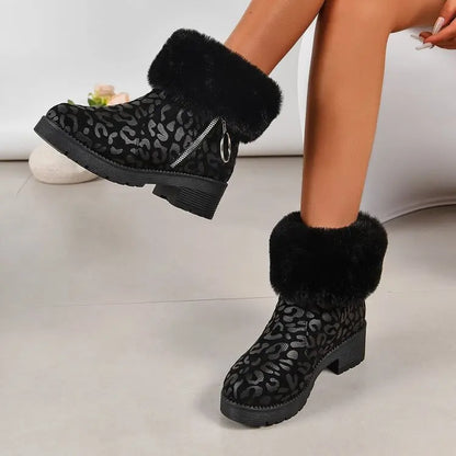 Ankle Fur Suede Leopard Platform Chunky Short Plush Snow Boot