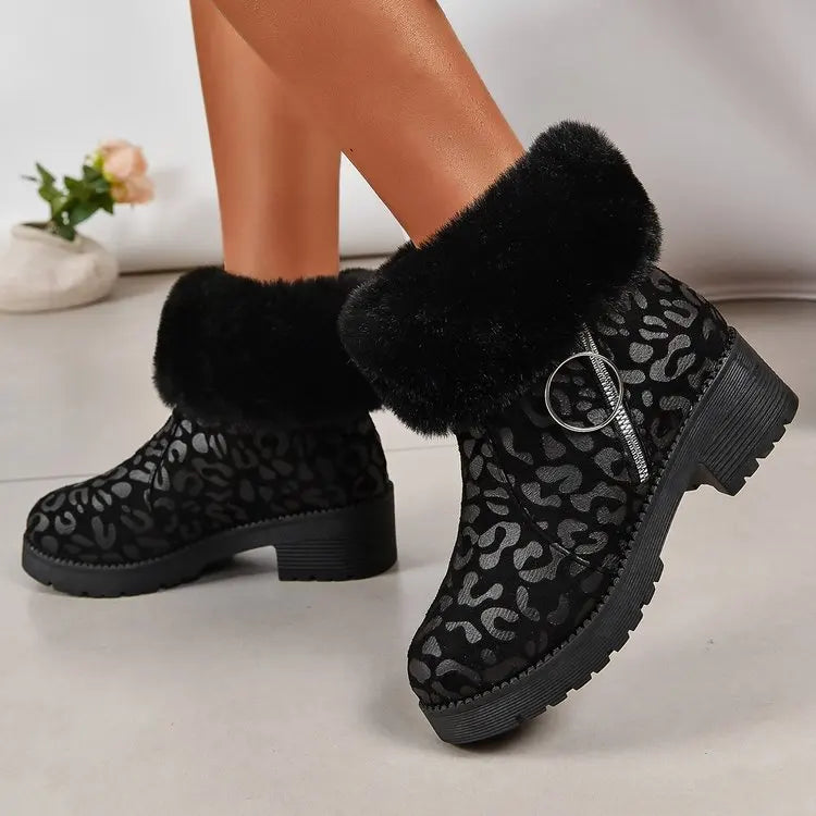 Ankle Fur Suede Leopard Platform Chunky Short Plush Snow Boot