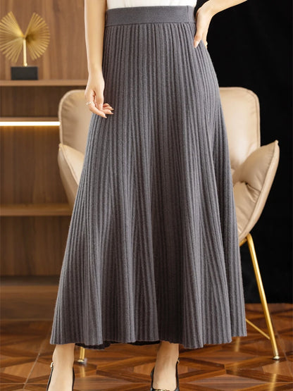 Autumn Winter Wool Long Pleated Merino Wool Grace Soft Skirt