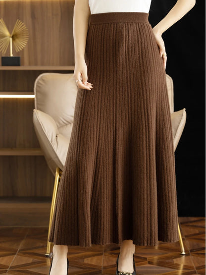 Autumn Winter Wool Long Pleated Merino Wool Grace Soft Skirt