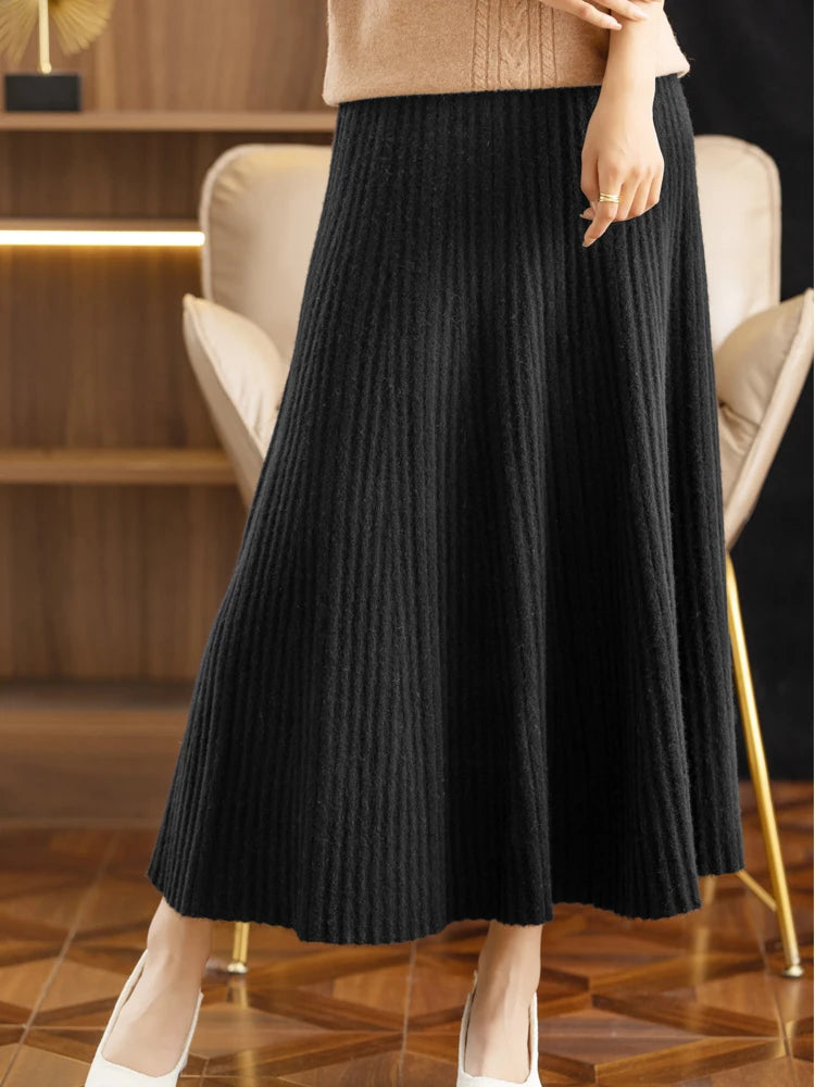 Autumn Winter Wool Long Pleated Merino Wool Grace Soft Skirt