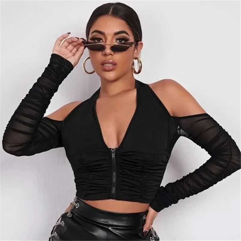 Sexy V-neck Mesh Cropped Summer See Through Long Sleeve Club T-shirts