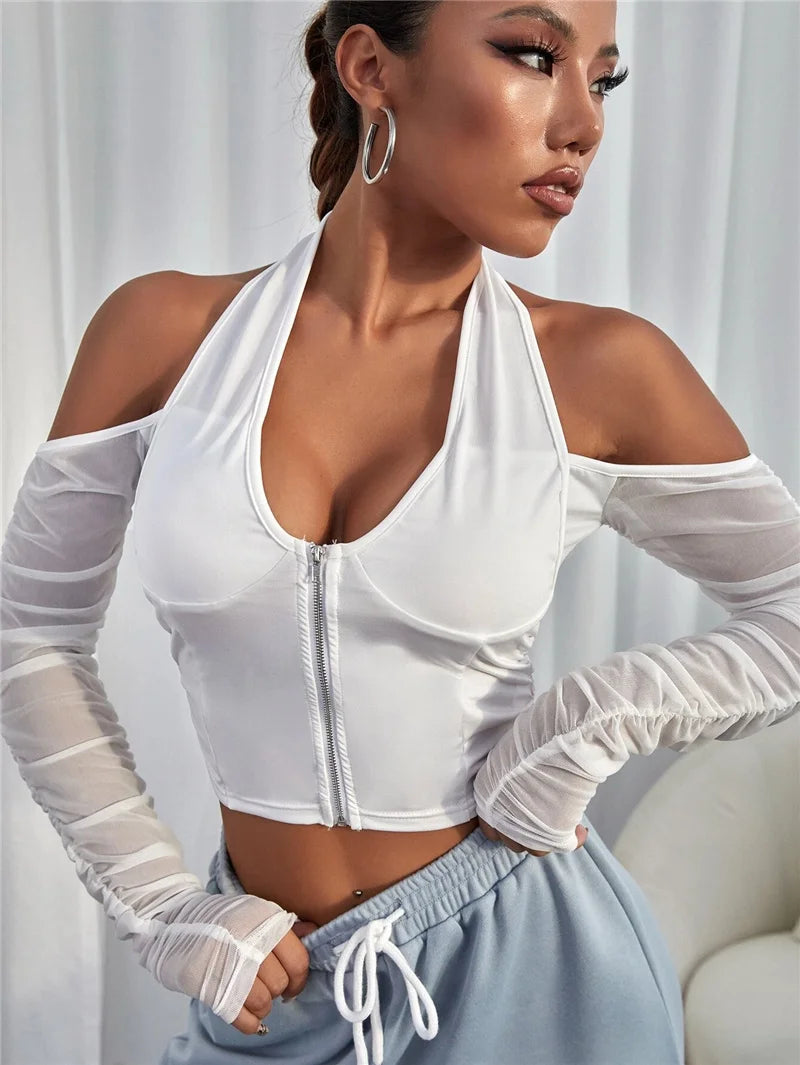 Sexy V-neck Mesh Cropped Summer See Through Long Sleeve Club T-shirts