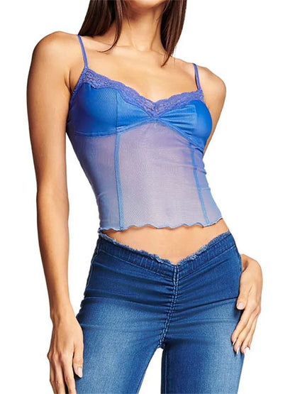 Fairy Sexy Women Sleeveless V-neck See-through Y2K Slim Mini Chic Aesthetics Crosets 2024 Crop Top