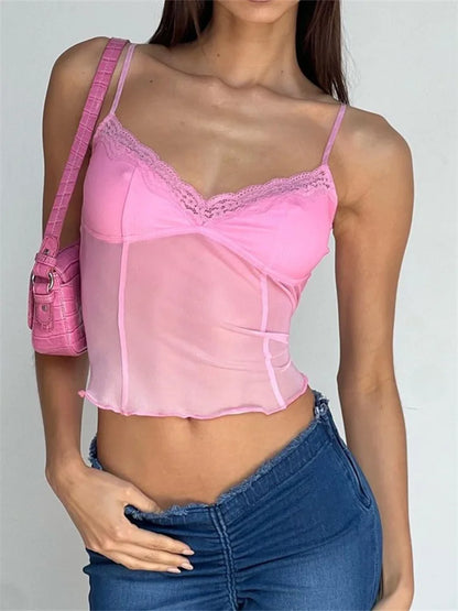 Fairy Sexy Women Sleeveless V-neck See-through Y2K Slim Mini Chic Aesthetics Crosets 2024 Crop Top