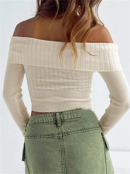 Knitted Ribbed Long Sleeve Crop Slash Neck Off Shoulder Slim Fit Solid T-shirts