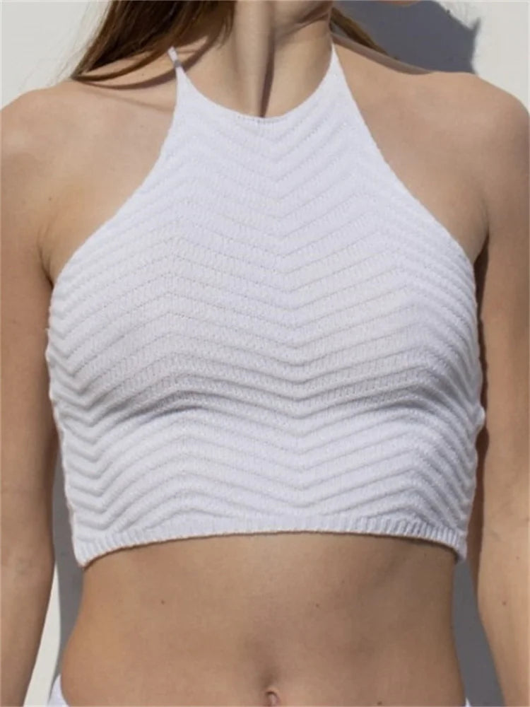 Knitted Ribbed Mini Vest Top for Women Summer Streetwear Sleeveless Halter Lace-up Backless Off Shoulder Cropped Crop Top