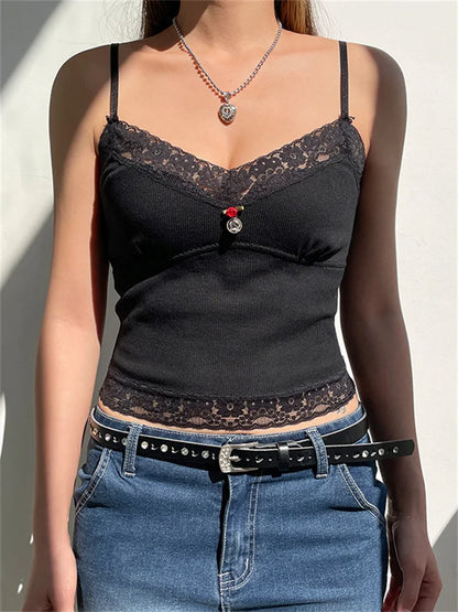 Lace Flower Patchwork Y2K Cropped Clubwear Summer 2024 New Sexy Women Strap Ribbed Slim Fit Mini Vest Crop Top