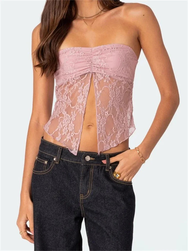 Lace Front Split Bustiers Corsets Strapless Off Shoulder Tube Party Club Mesh See Through Summer Vest 2024 Crop Top