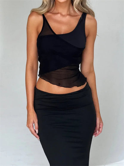 Mesh Sheer See Through Patchwork Exposed Navel Summer Streetwear Sexy Women Irregular Hem Black Mini Vests Crop Top