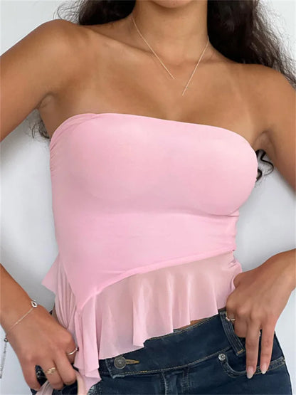 Retro Strapless Off Shoulder Tube Y2K Sleeveless Irregular Hem Ruffles Slim Fit Solid 2024 Crop Top