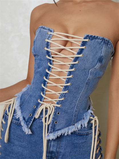 Sexy Bustiers Corsets Summer Party Clubwear Women Strapless Off Shoulder Criss-cross Tie-up Irregular Hem Vests Crop Top