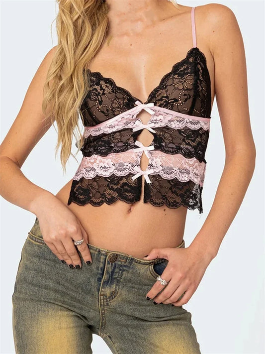 Sexy Women Lace Slim Front Bowknot Patchwork Cutout Spaghetti Strap Mini Vest Exposed Navel Cropped Tanks Crop Top