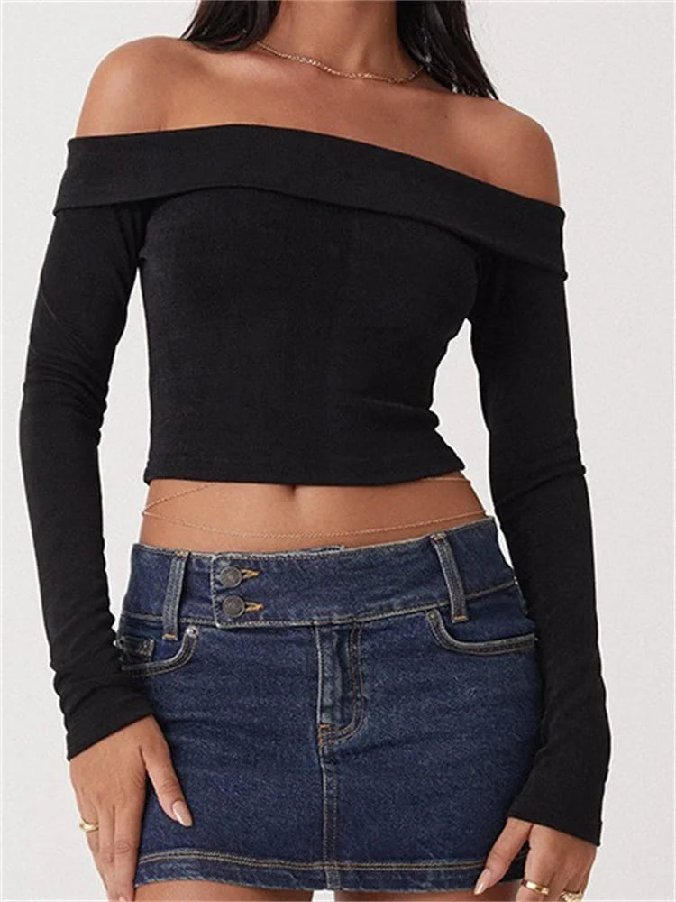 Sexy Long Sleeve Slim Fit Casual Exposed Navel Solid Slash Neck Off Shoulder T-shirts