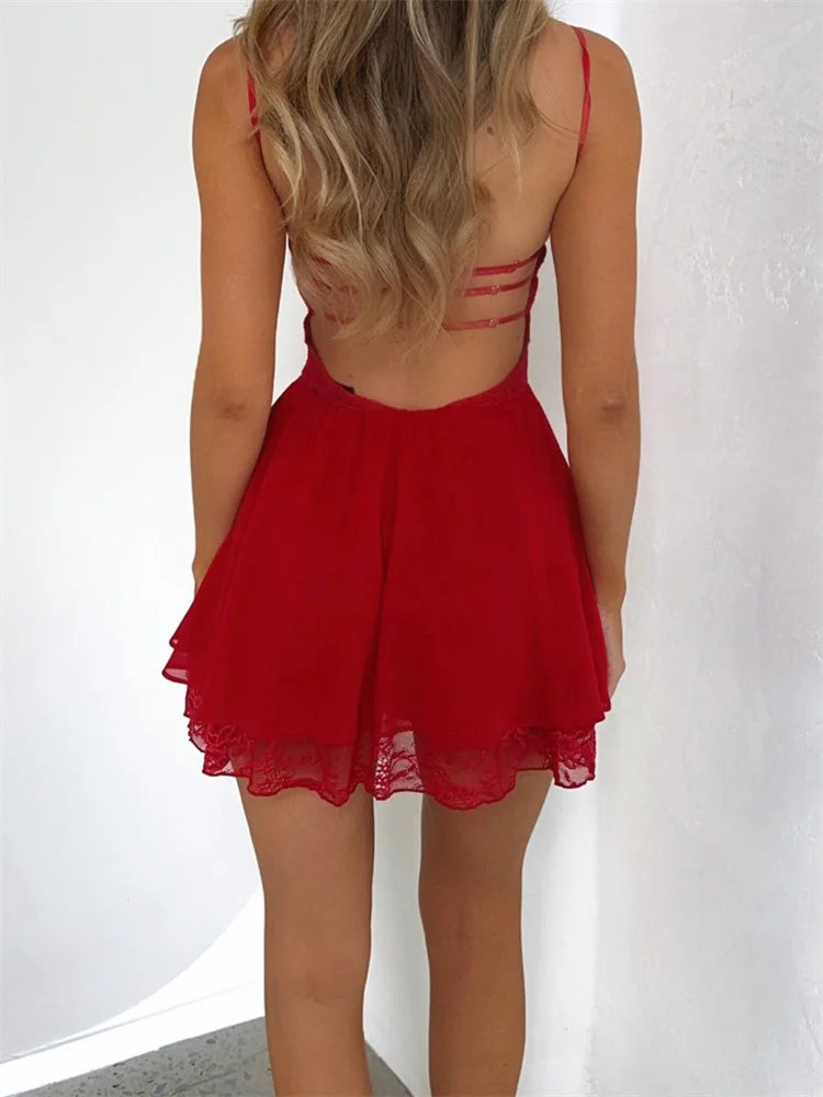 Lace Patchwork Spaghetti Strap Party Mini Dresses