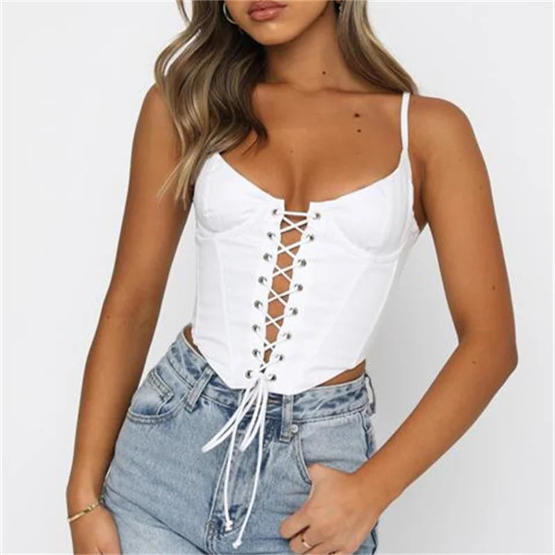 Spaghetti Strap Criss-cross Hollow Out Lace-up Bustiers Top Women Solid Color Tube Back Zip Up Vests Crop Top