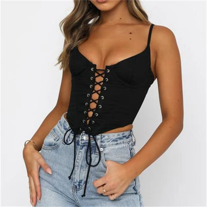 Spaghetti Strap Criss-cross Hollow Out Lace-up Bustiers Top Women Solid Color Tube Back Zip Up Vests Crop Top