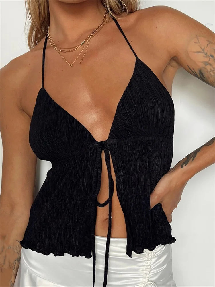 Women Backless Halter Tie-up Cute Mini Vest Sleeveless Deep V-neck Off Shoulder Streetwear 2024 Crop Top