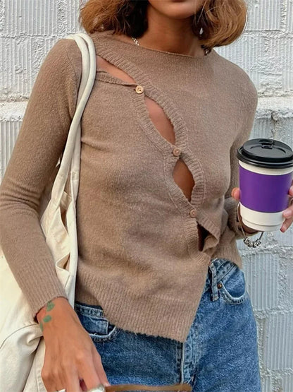 Cropped Knitted Fall Spring Chic Solid Long Sleeve Casual T-shirts