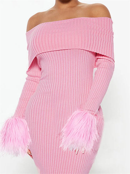 Knitted Long Sleeve Off-Shoulder Fur Patchwork Ribbed Bodycon Midi Dress