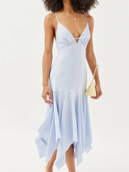 Sleeveless Deep V-Neck Backless Criss-Cross Pleated Party Midi Dress