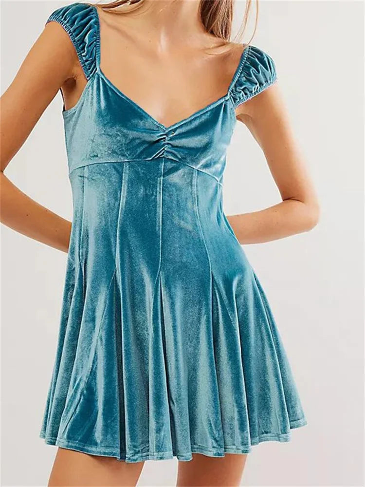 Velvet V-Neck Sleeveless High Waist Mini Dresses