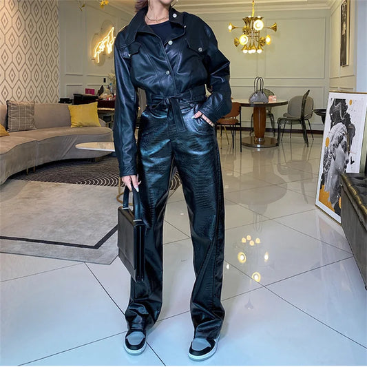 Vintage PU Leather High Waist Button Straight-Leg Punk Streetwear Female Pants