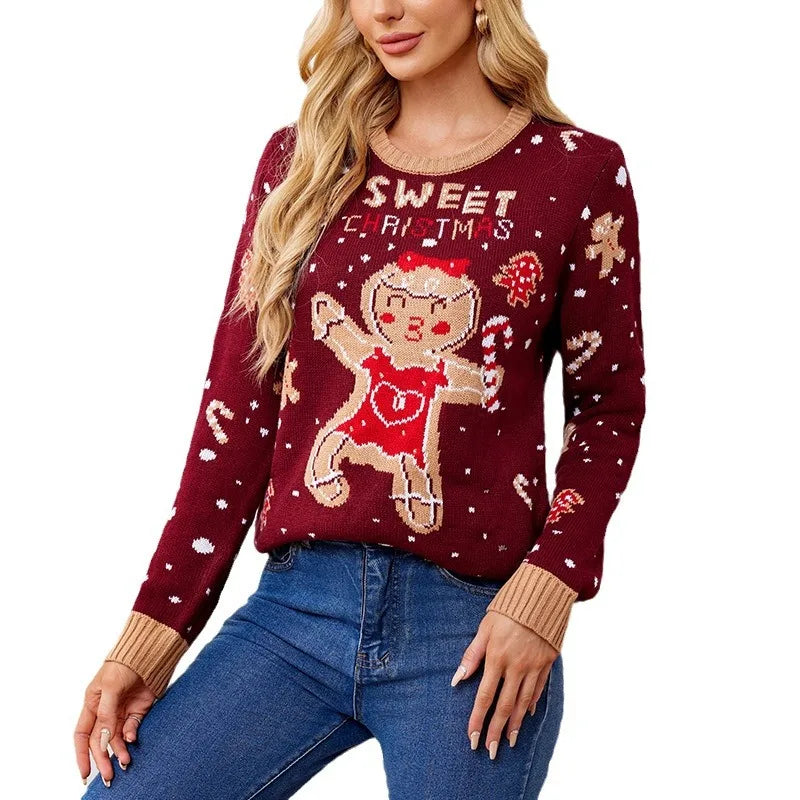 Gingerbread Man Pattern Loose Fitting Christmas Sweater