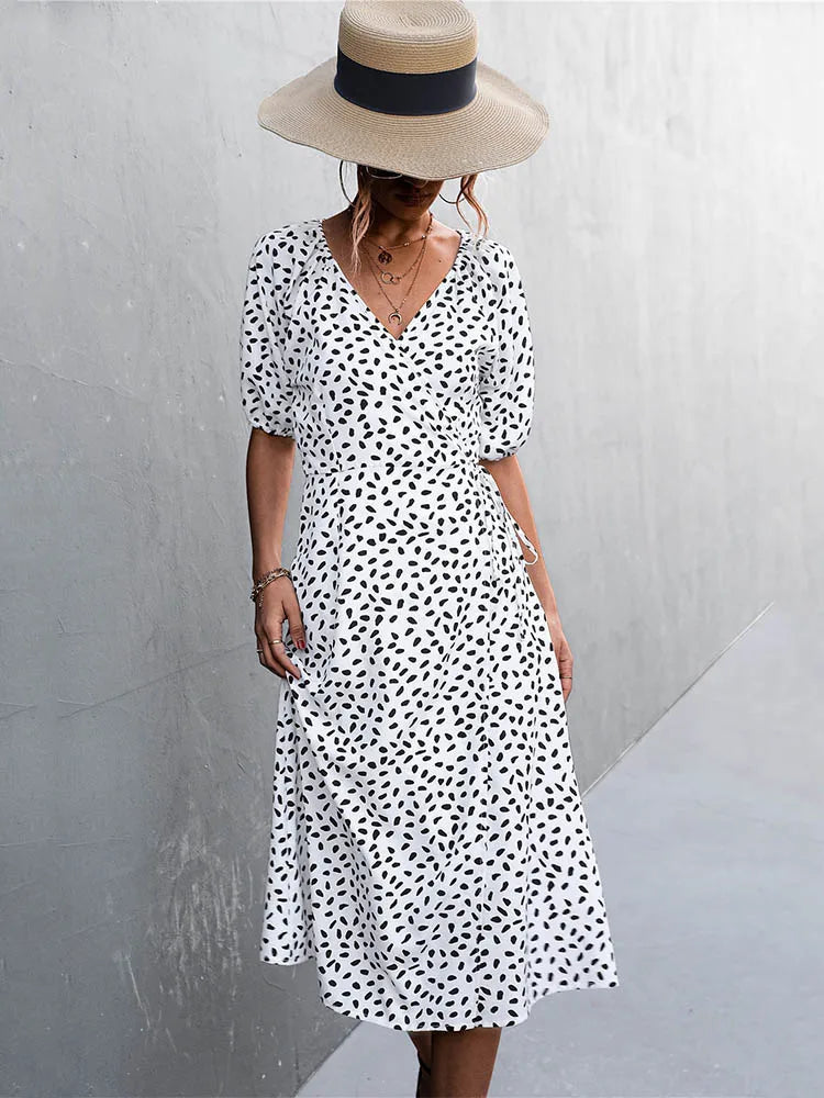 Casual Chiffon Side Wrap Polka Dot Puff A-line Split Midi Dresses