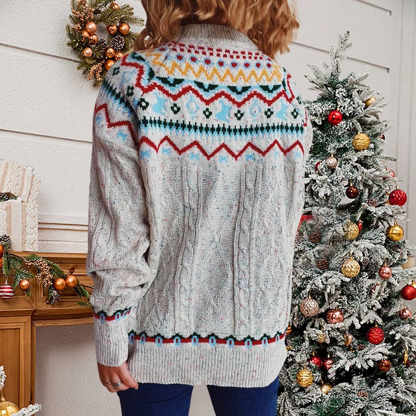 Striped Long Sleeve Jacquard O-Neck Loose Christmas Sweater