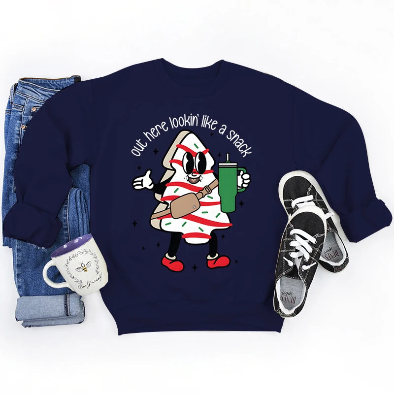 Snack Print Round Neck Christmas Hoodie - Casual Long Sleeve