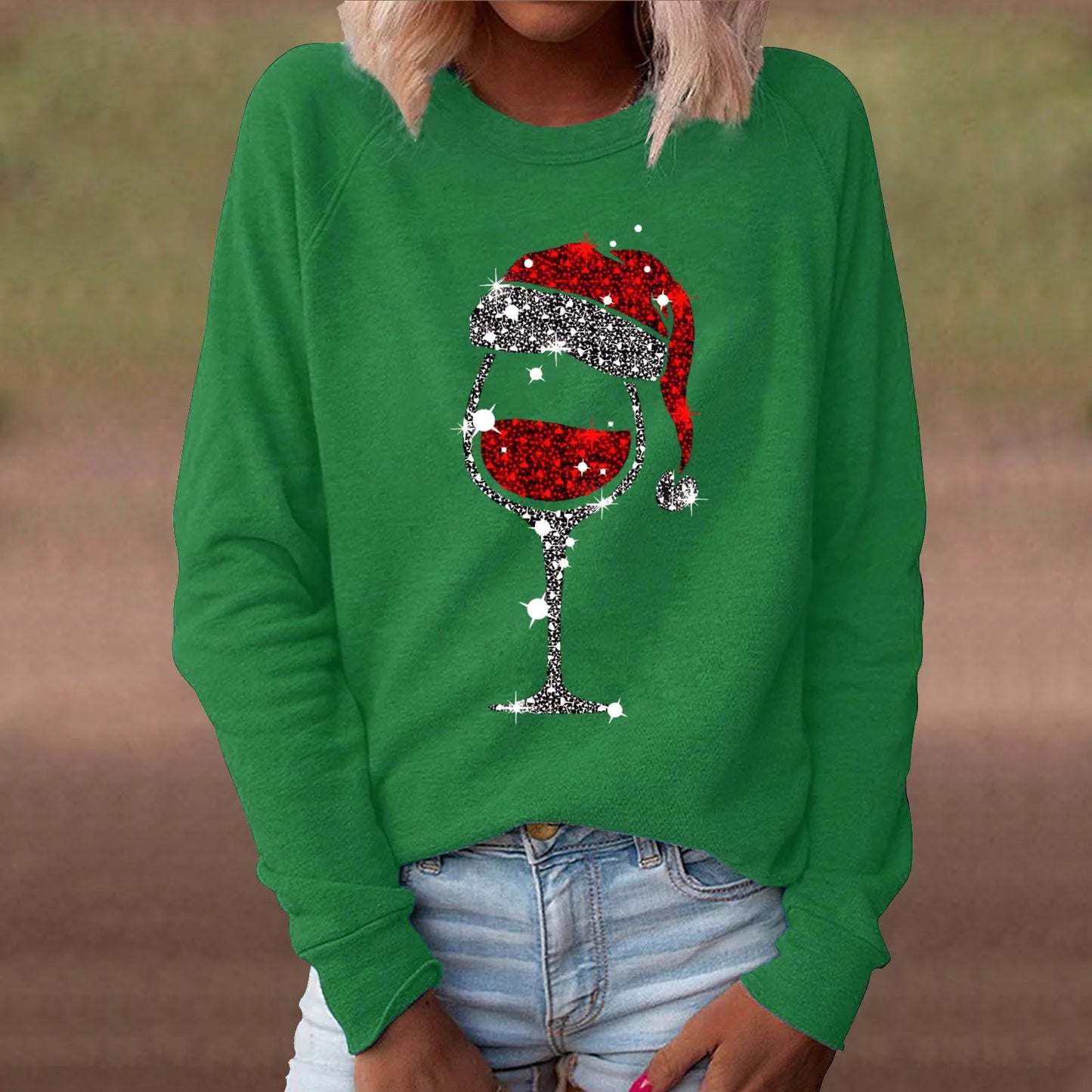 Red Wine Casual Round Neck Long Sleeve Christmas Hoodie