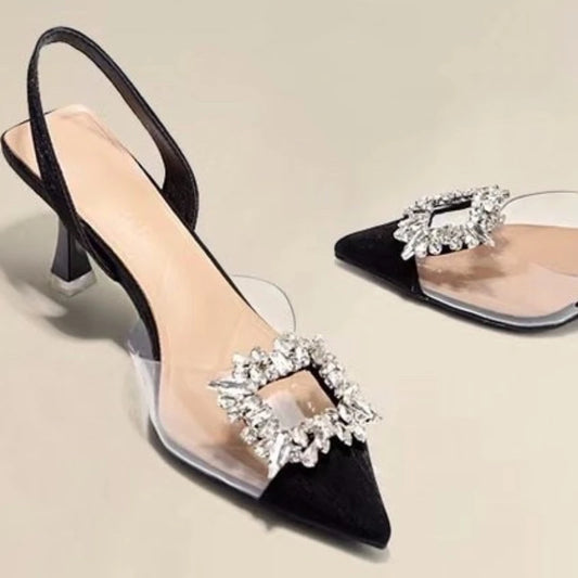 Classic Square Rhinestone Summer Sexy Pointed Slingback Simple Elegant Low Heel Pumps