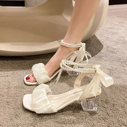 Comfortable Pearl Chunky Stylish All-Match Beige Clear Gladiator Low Heel Pumps