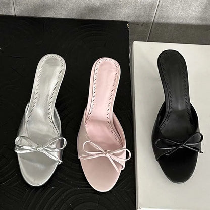 2024 New Arrivals Summer Pink Butterfly-knot Women Slippers Elegant Stripper Thin Mules Slides Shoes Low Heel Pumps